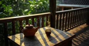 Chén trà trong không gian hiên nhà Việt xưa