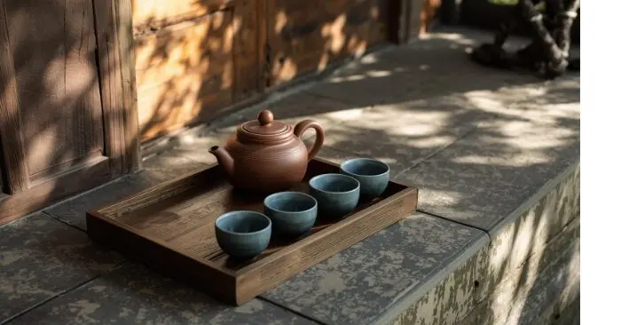 Bộ trà cụ Việt tối giản với ấm đất và chén nhỏ đặt trên mâm gỗ, biểu tượng của mỹ học thưởng trà Việt.