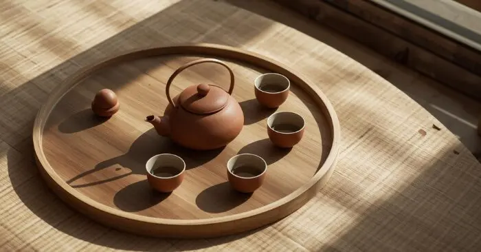 Ấm đất và chén sứ nhỏ trong bộ trà cụ Việt, thể hiện sự mộc mạc và tinh tế của trà Việt.