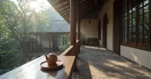 Không gian uống trà Việt trên hiên nhà với mâm gỗ và ấm trà mộc, đậm nét mỹ học tĩnh.