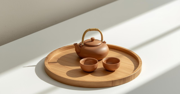 Mâm gỗ tối giản và ấm trà đất – biểu tượng của mỹ học tĩnh trong văn hóa uống trà Việt.