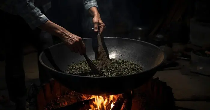 Sao trà thủ công trong làng nghề trà Thái Nguyên vào buổi tối