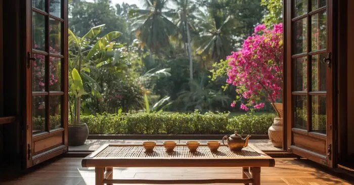 Góc uống trà Việt bên cửa sổ với ánh sáng tự nhiên, tĩnh tại và giản dị.