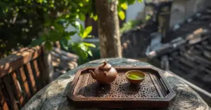 Trà cộng trong đời sống người Việt với ấm đất và bát chè xanh trên hiên nhà