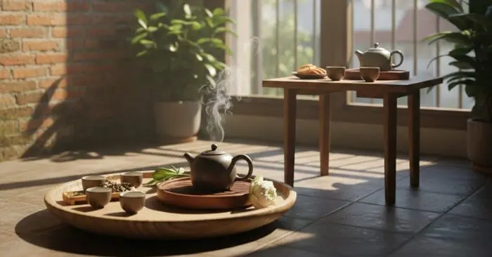 Mâm gỗ và ấm trà Việt trong ánh sáng buổi sớm ở hiên nhà