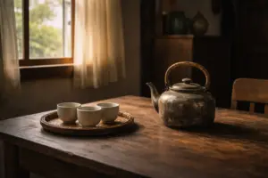 Những ấm trà vô danh đặt trên bàn gỗ trong không gian gia đình Việt, ánh chiều yên tĩnh.