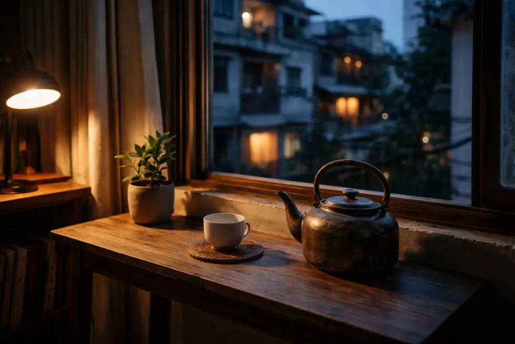 Ấm trà đơn giản trong căn nhà thuê giữa đô thị Việt Nam.