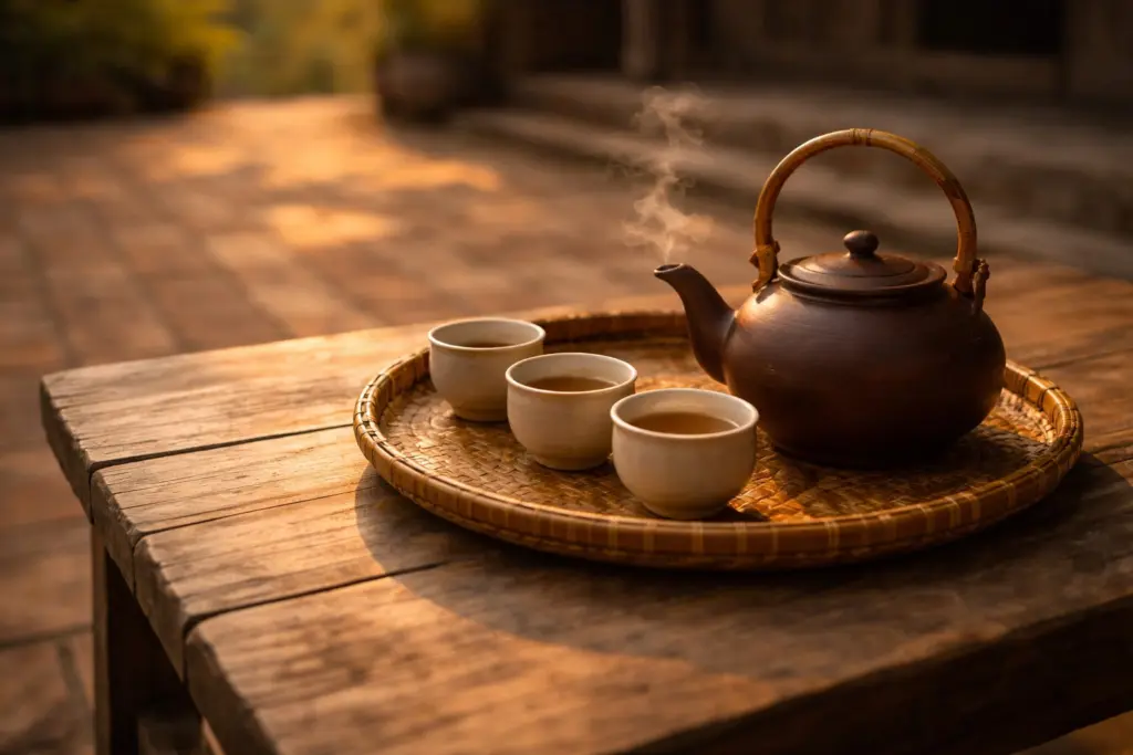 Ấm trà quê Việt trong ánh nắng chiều