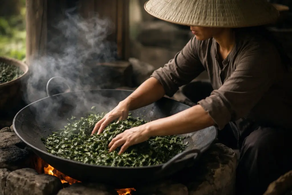 Bàn tay phụ nữ sao trà trong làng nghề Thái Nguyên