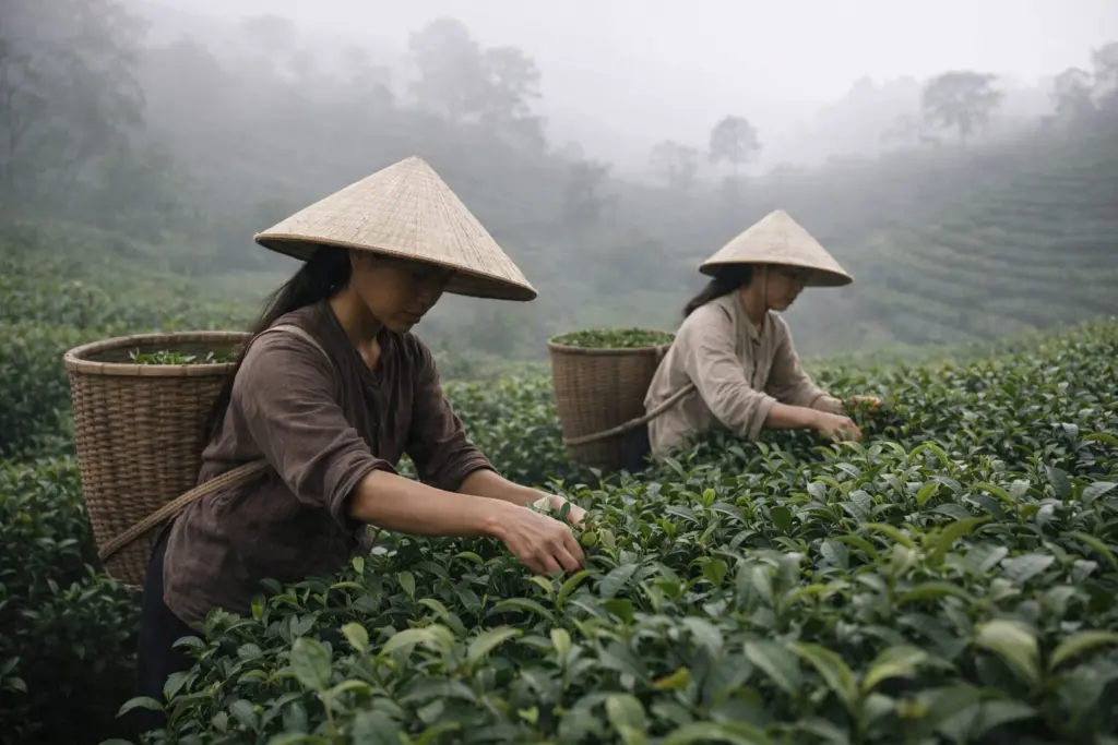 Phụ nữ hái trà sớm trên đồi chè Thái Nguyên