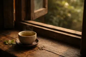 Chén trà đặt cạnh cửa sổ trong buổi chiều yên tĩnh của người Việt