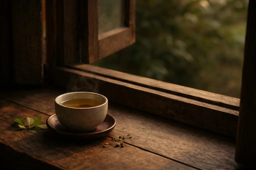 Chén trà bên cửa sổ khi ánh sáng chiều nhạt dần