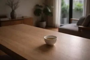 Chén trà nguội trên bàn gỗ trong căn nhà Việt yên lặng