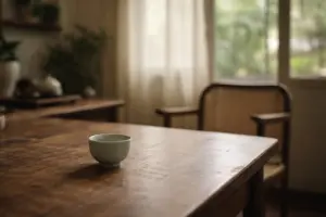 Chén trà đặt lệch trên bàn gỗ trong ánh sáng nhẹ