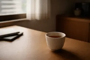 Chén trà nguội đặt trên bàn gỗ trong không gian yên tĩnh