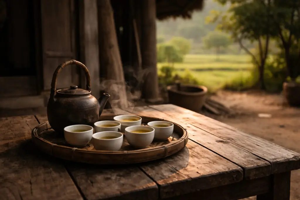 Chén trà đặt trên bàn gỗ trong không gian đời sống yên tĩnh