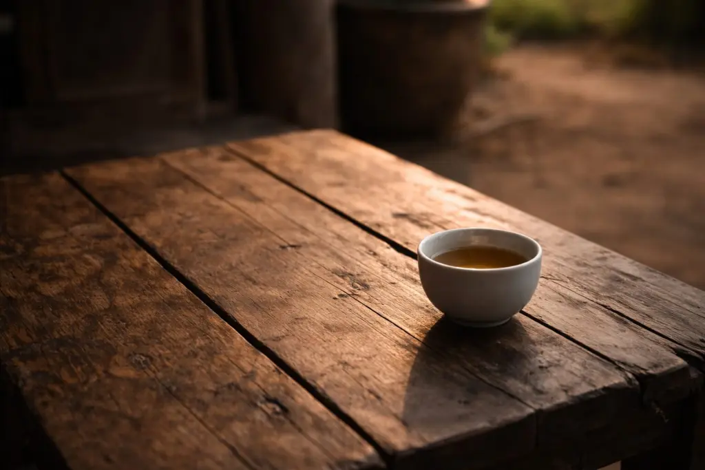 Chén trà nguội trong không gian yên tĩnh