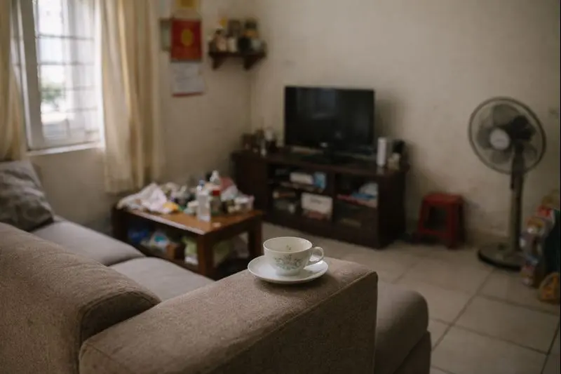 Chén trà nằm ở mép tay vịn sofa trong phòng sáng