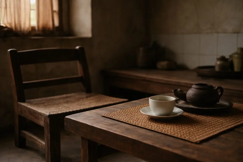 Ghế trống cạnh bàn trà trong căn phòng yên tĩnh