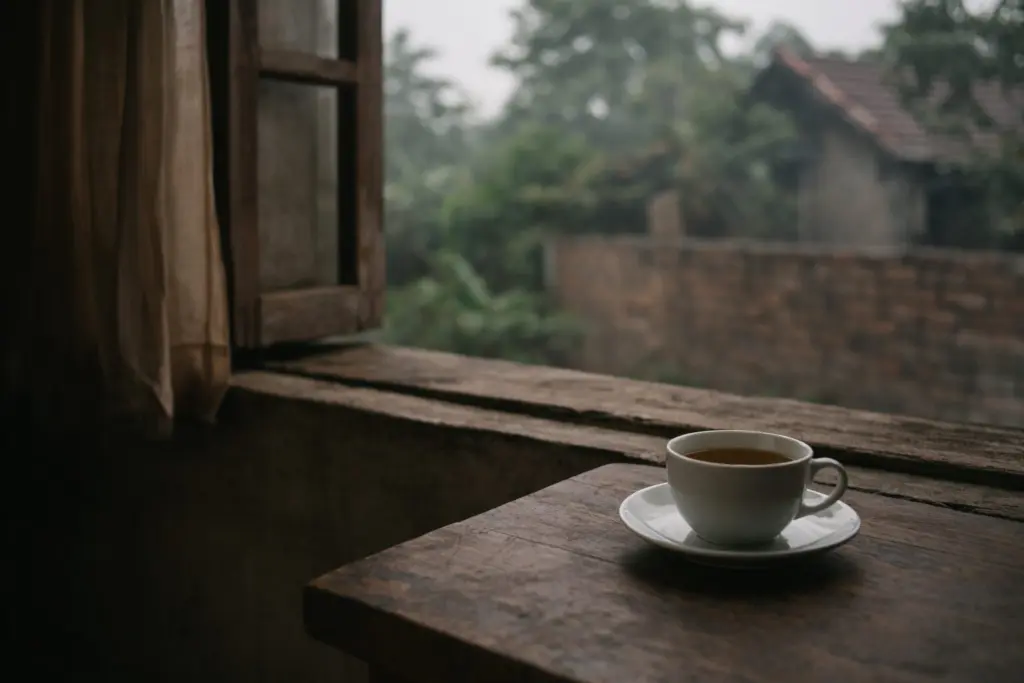 Chén trà đã nguội đặt gần cửa sổ mở