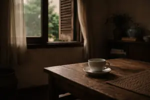 Chén trà đặt yên trong không gian chiều muộn tĩnh lặng