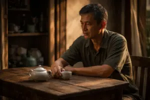 Người đàn ông Việt ngồi uống trà lặng trong buổi chiều muộn