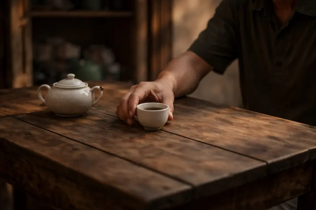 Chén trà trên bàn gỗ trong không gian gia đình Việt
