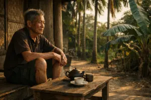 Người Việt ngồi hiên nhà buổi chiều, chén trà đặt trước mặt, gió nhẹ và ánh nắng xế tạo nên nhịp sống chậm đời thường.