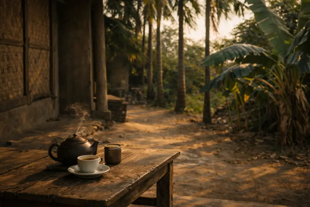 Hiên nhà quê Việt Nam buổi chiều vắng người, bàn gỗ cũ với chén trà còn bốc hơi chờ đợi,