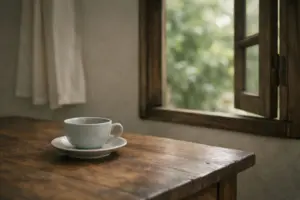 Chén trà đặt yên bên cửa sổ trong không gian tĩnh lặng