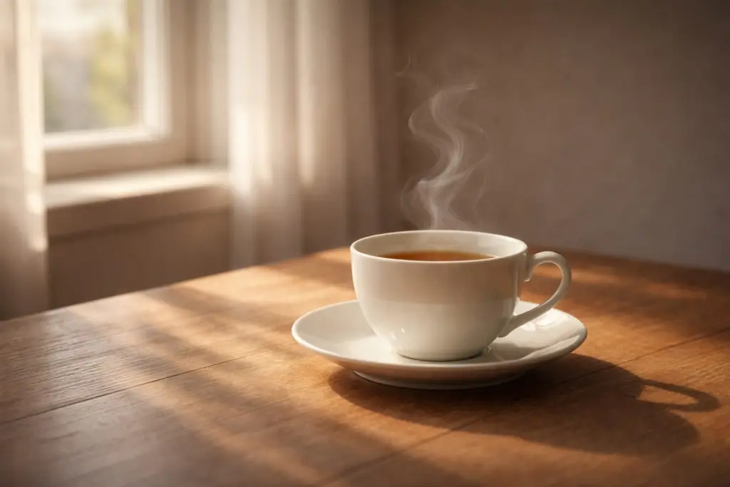 Chén trà bên cửa sổ với ánh sáng thay đổi theo thời điểm.