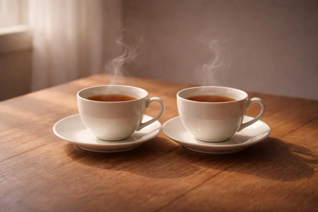 Hai chén trà giống nhau trong không gian tối giản.
