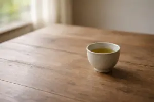 Chén chè xanh đặt một mình trên bàn gỗ trong ánh sáng tự nhiên.