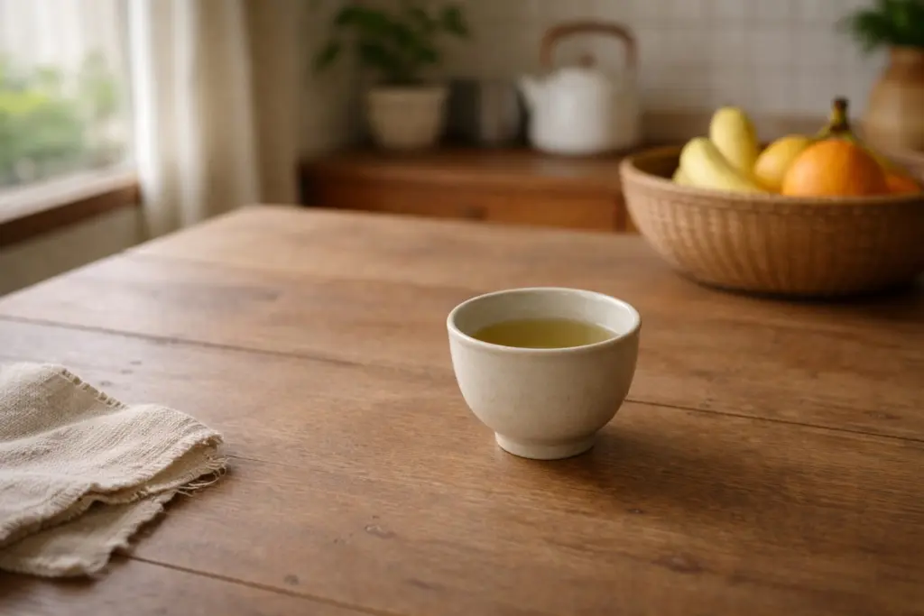 Chén chè xanh đặt trên bàn trong không gian gia đình đơn giản.