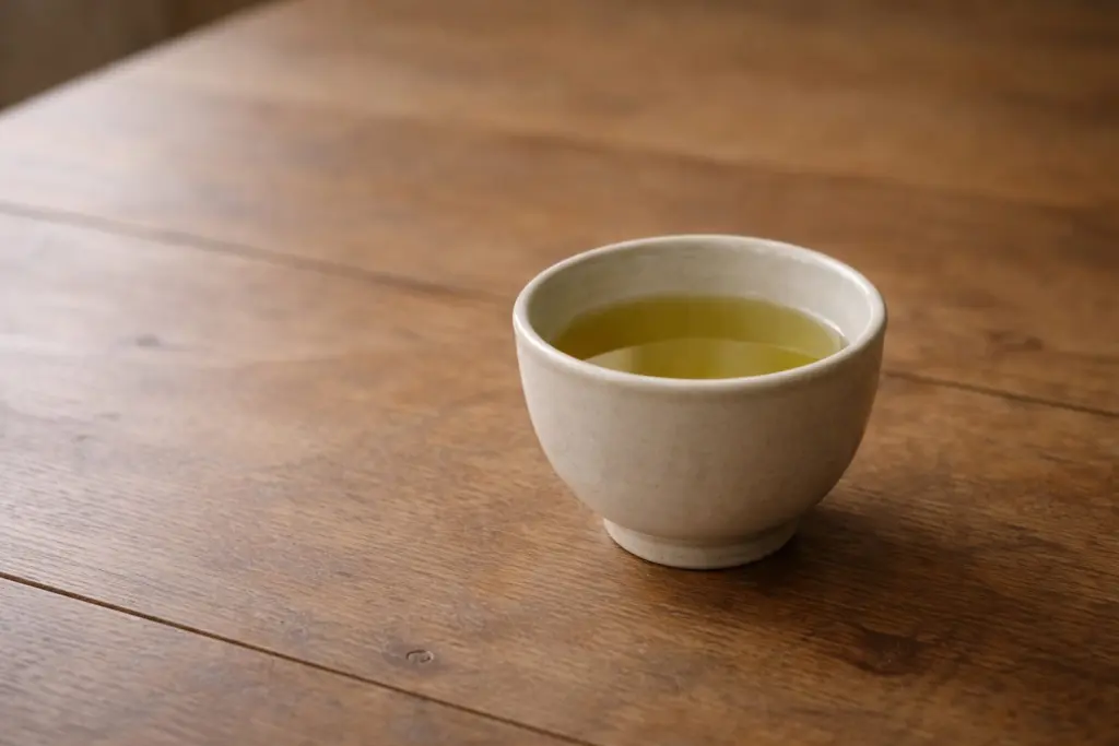 Mặt nước chè xanh phản chiếu ánh sáng nhẹ trong không gian tối giản.