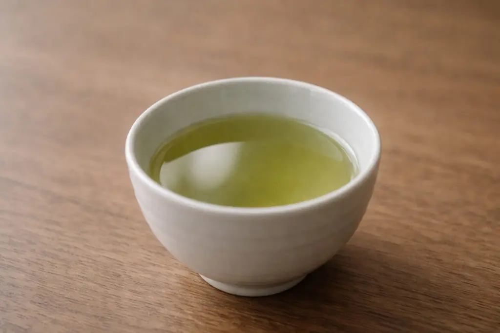 Mặt nước chè xanh phản chiếu ánh sáng nhẹ.