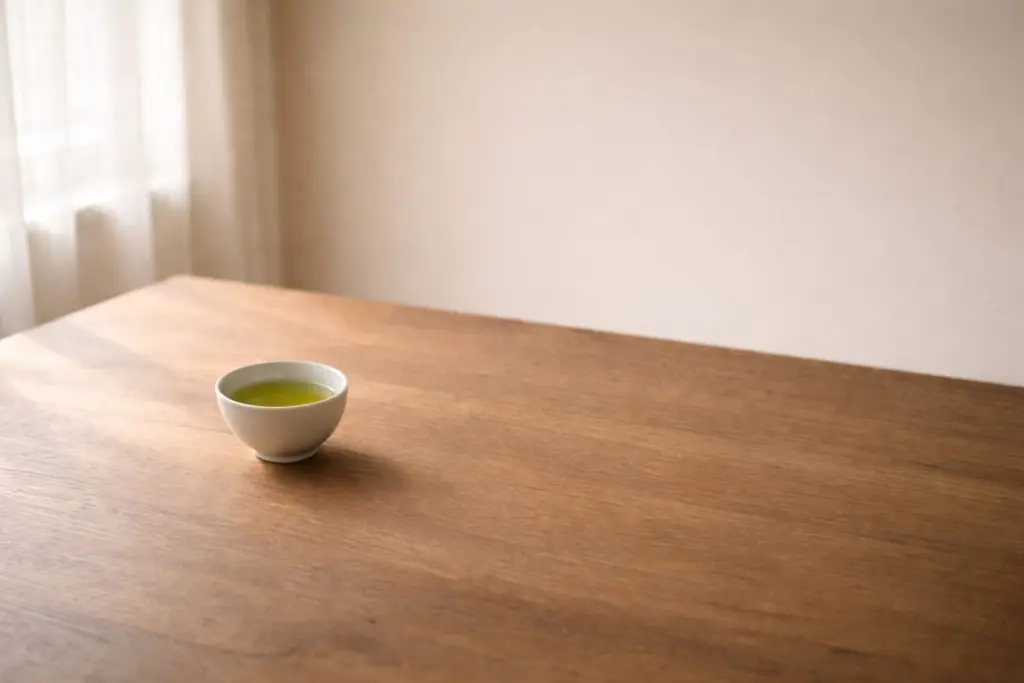 Chén chè xanh gần cửa sổ trong ánh sáng buổi sáng nhẹ.
