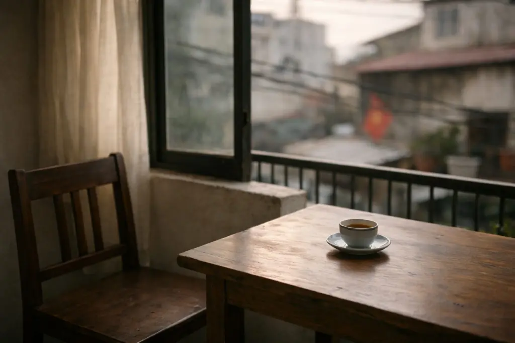 Bàn trà nhỏ bên cửa sổ, không có người ngồi