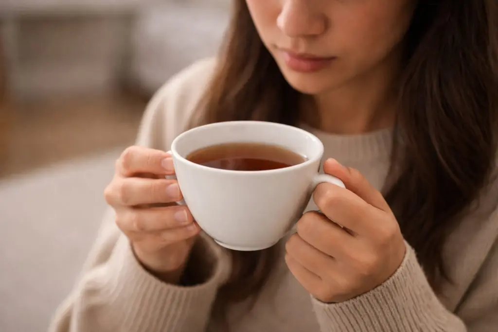 Người cầm chén trà trong trạng thái phân vân