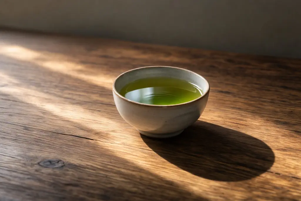 Mặt nước chè xanh phản chiếu ánh sáng nhẹ.