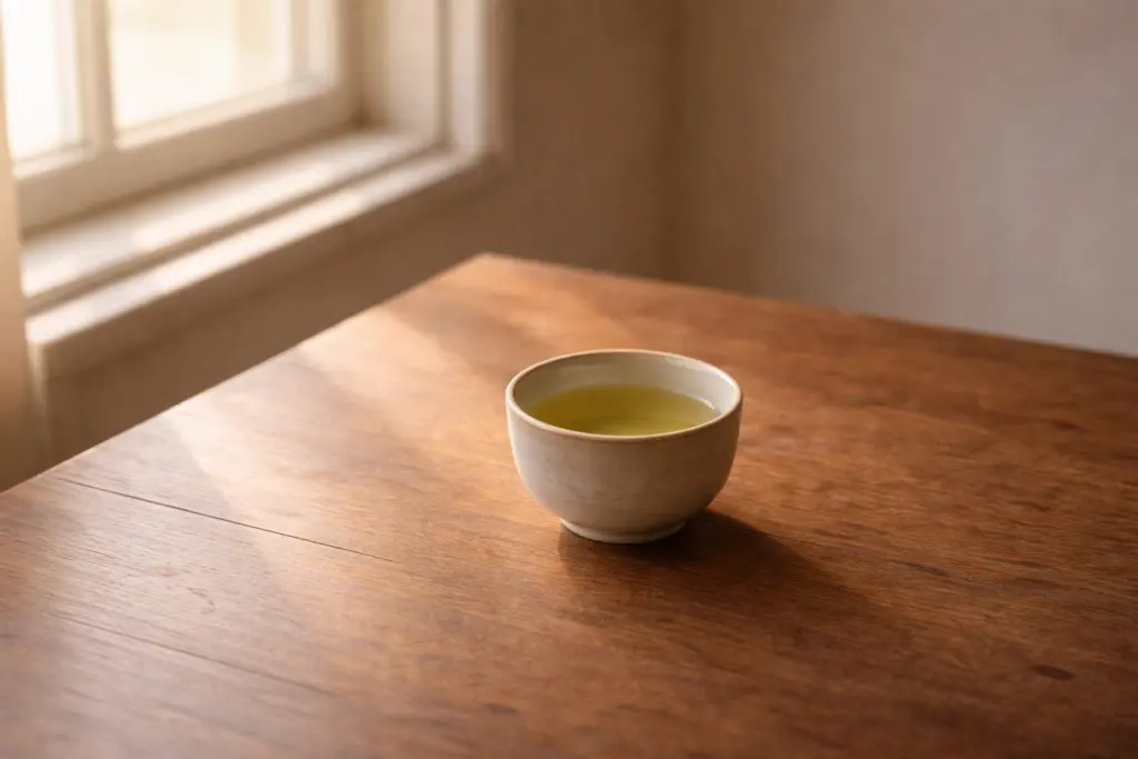 Chén chè xanh gần cửa sổ trong ánh sáng buổi sáng.
