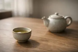 Ấm chè và chén trà trong ánh sáng tự nhiên khi hơi nước đã gần tan.