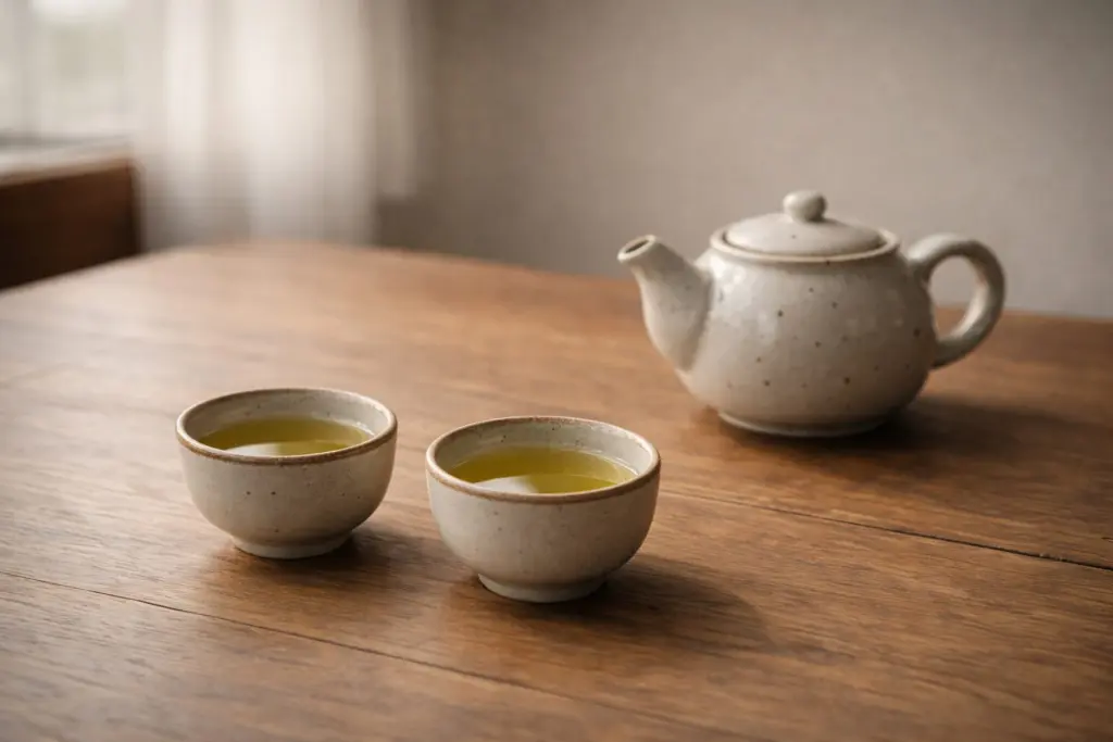 Ấm chè và chén đặt yên trong không gian tĩnh.