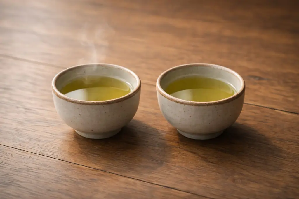 Hai chén trà đặt cạnh nhau, một còn hơi ấm, một đã nguội.