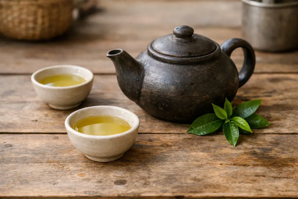 Ấm chè xanh Việt Nam trên bàn gỗ với chén trà màu vàng nhạt trong ánh sáng tự nhiên.