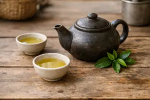 Ấm chè xanh Việt Nam trên bàn gỗ với chén trà màu vàng nhạt trong ánh sáng tự nhiên.