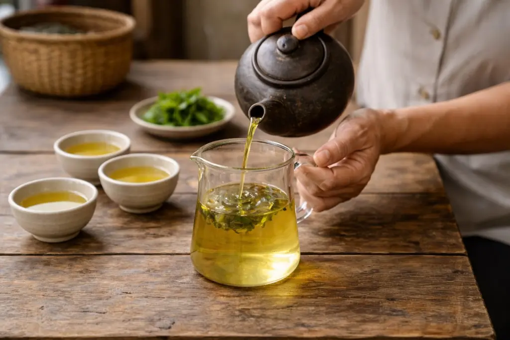 Rót chè xanh từ ấm ra chén tống trong ánh sáng tự nhiên.