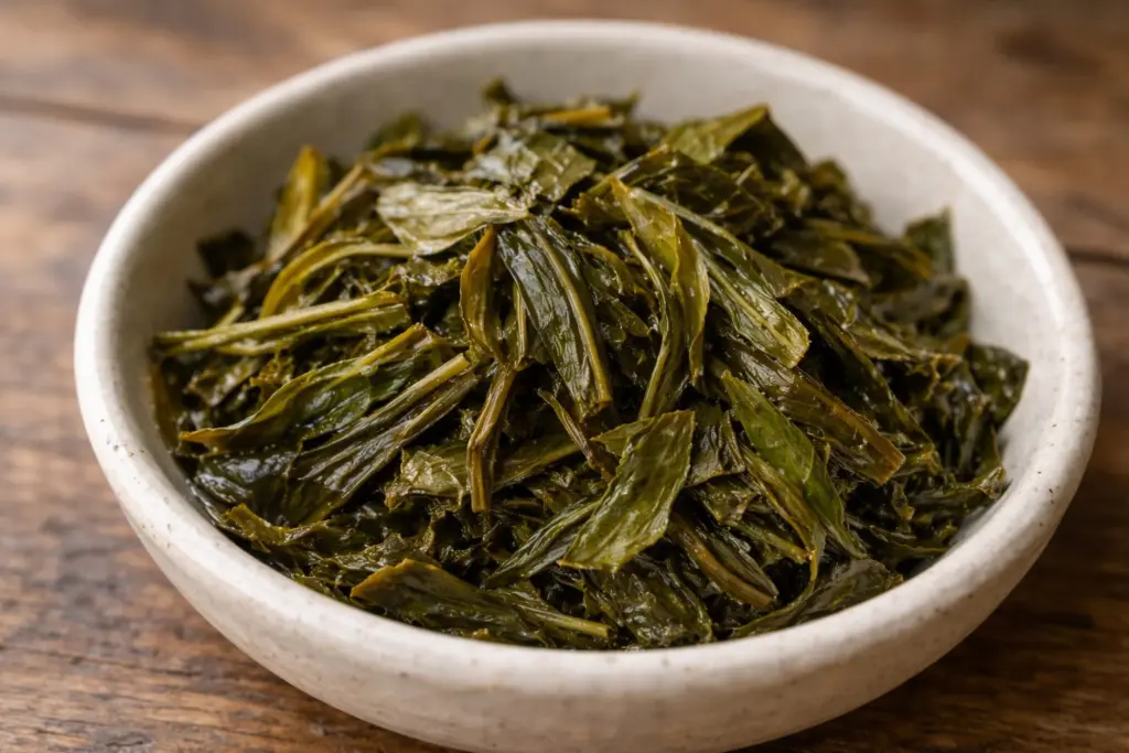 Lá chè xanh đã mở sau nhiều lần pha, còn ẩm trong ấm.