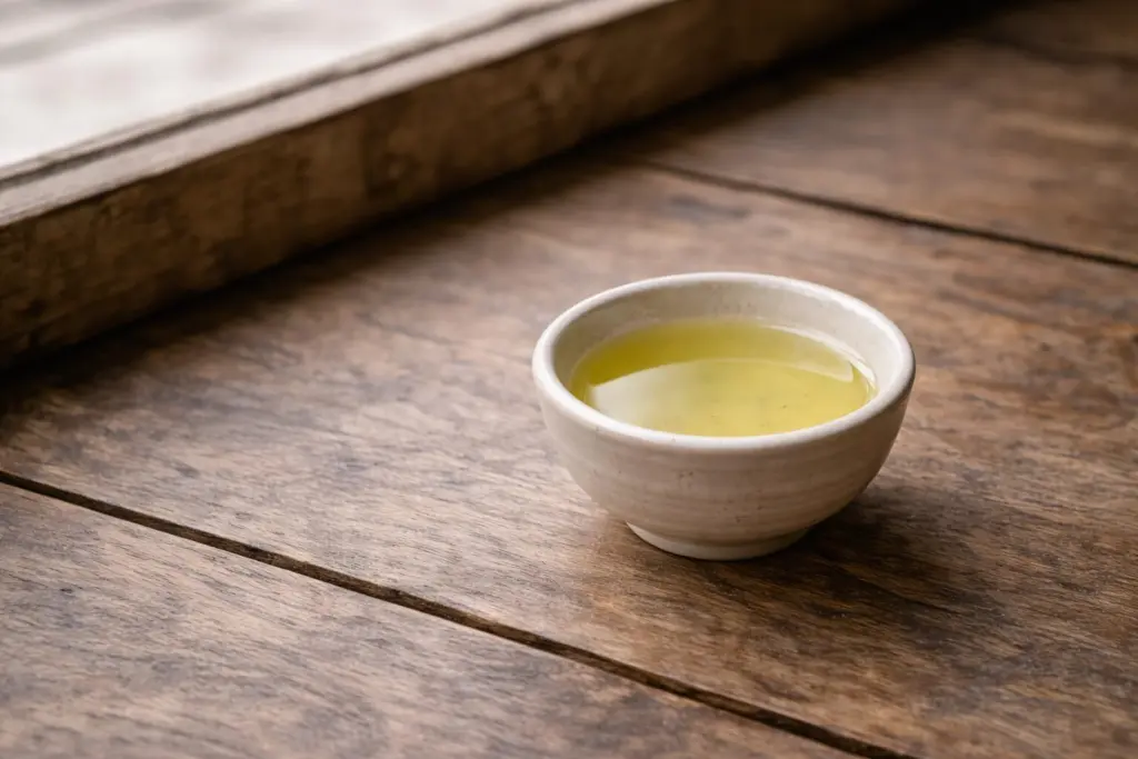 Chén chè nhạt gần như trong, đặt trong ánh sáng dịu bên cửa sổ.