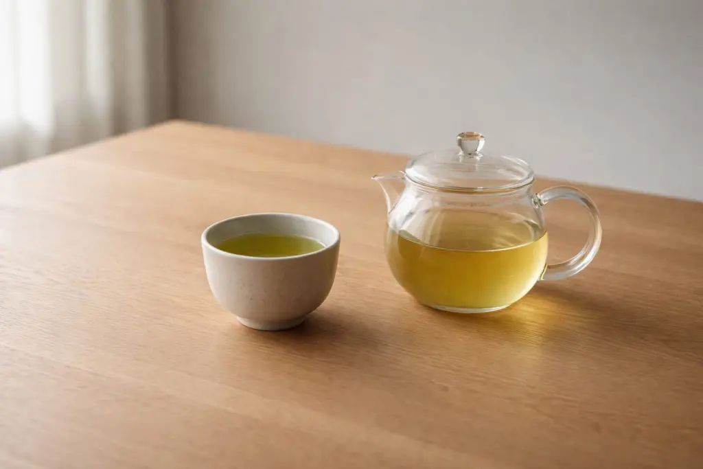 Chén chè xanh đặt trên bàn gỗ trong ánh sáng tự nhiên, không gian tĩnh.